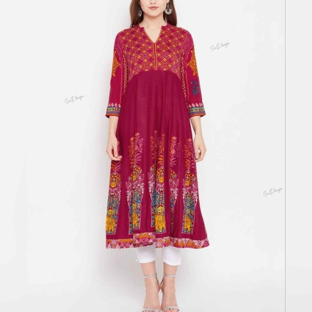 Rangriti Womens Magenta Pink Ethnic Print Anarkali Kurta Tunic Dress Size 32 NWT